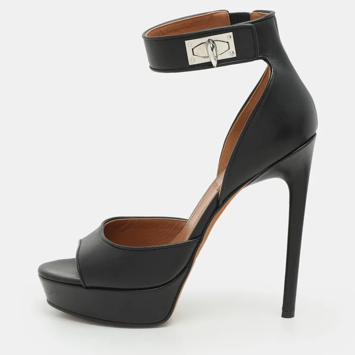 Givenchy Black Leather Shark Lock Ankle Strap Platform Sandals Size 38