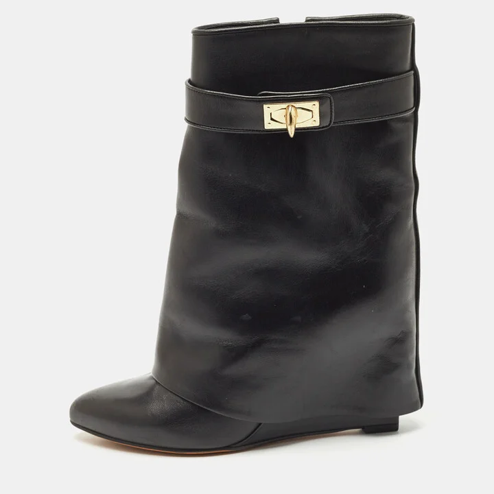 Givenchy Black Leather Shark Lock Wedge Ankle Length Boots Size 38