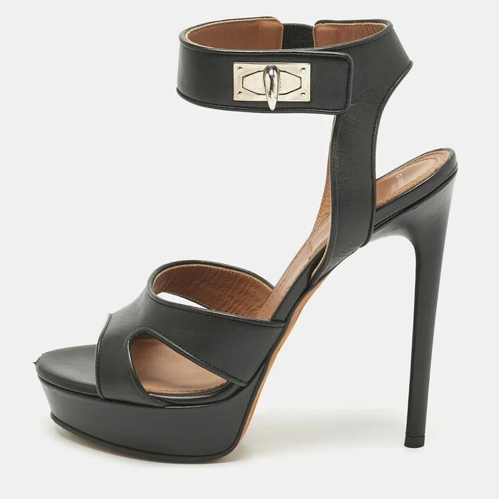 Givenchy Black Leather Shark Tooth Ankle Strap Sandals Size 38.5
