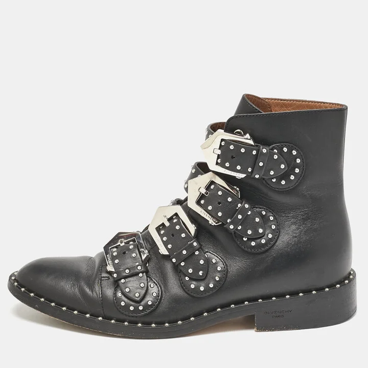 Givenchy Black Leather Studded Buckle Detail Ankle Boots Size 37