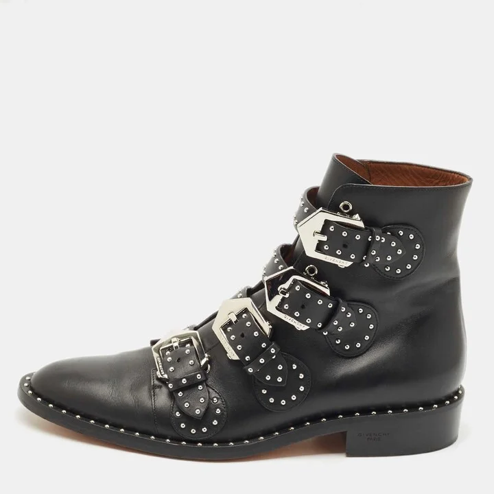 Givenchy Black Leather Studded Buckle Detail Ankle Boots Size 39