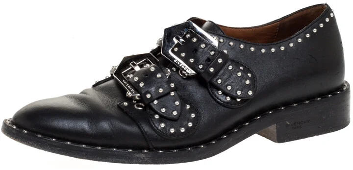 Givenchy Black Leather Studded Double Monk Flats Size 36
