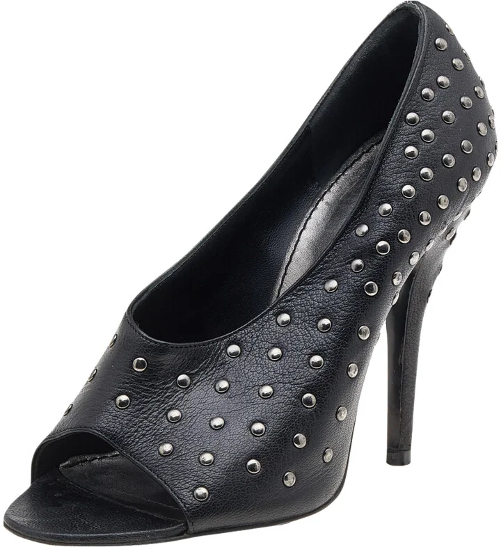 Givenchy Black Leather Studded Open Toe Pumps Size 37