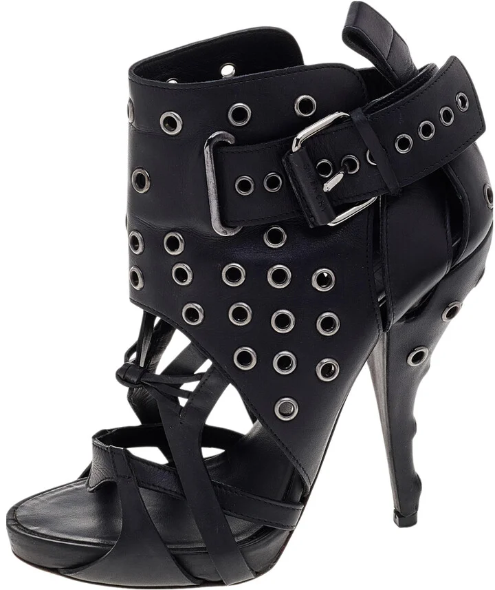 Givenchy Black Leather Studded Strappy Ankle Boots Size 38