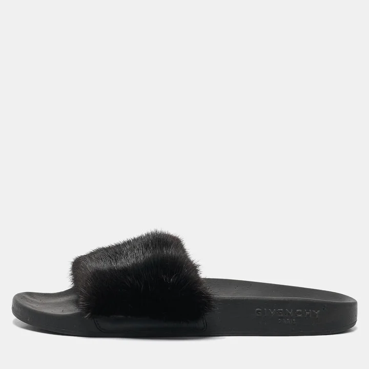 Givenchy Black Mink Fur Flat Slides Size 39