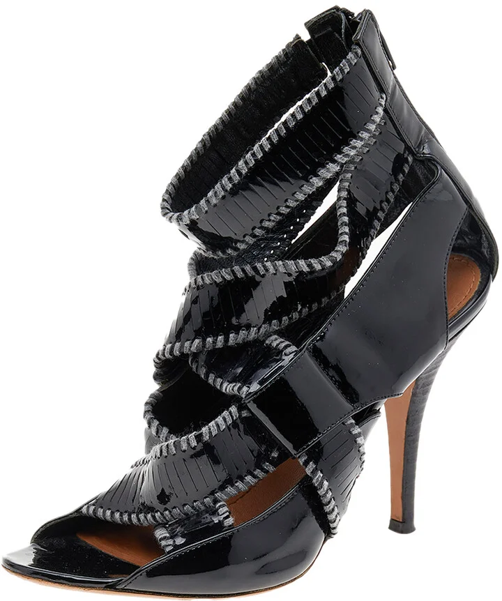 Givenchy Black Patent Leather Ankle Cuff Zipper Sandals Size 37