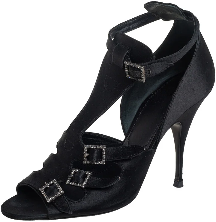 Givenchy Black Satin Cystal Buckle Embellished T-Strap Open Toe Sandals Size 38