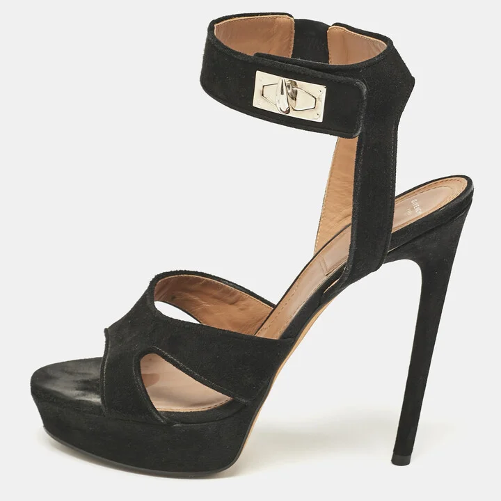 Givenchy Black Suede Shark Lock Ankle Strap Sandals Size 40