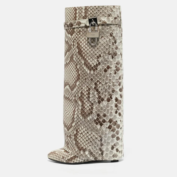 Givenchy Brown/Cream Python Embossed Leather Shark Tooth Knee Length Boots Size 39