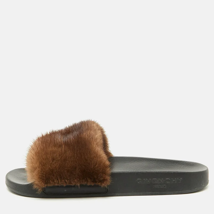 Givenchy Brown Mink Fur Pool Slide Sandals Size 36