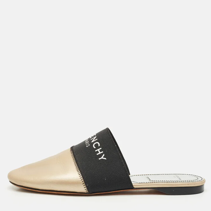 Givenchy Gold/Black Leather and Stretch Band Bedford Flat Mules Size 37