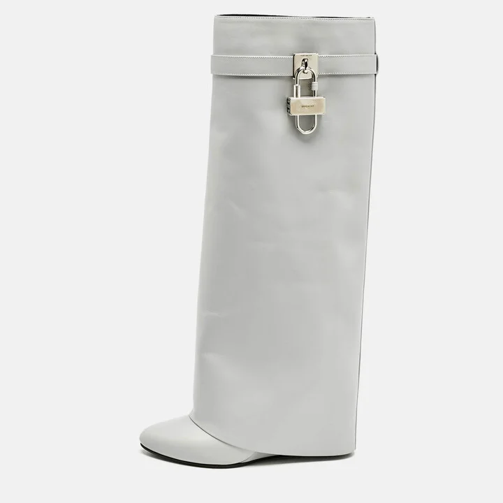 Givenchy Grey Leather Shark Lock Knee Length Boots Size 39
