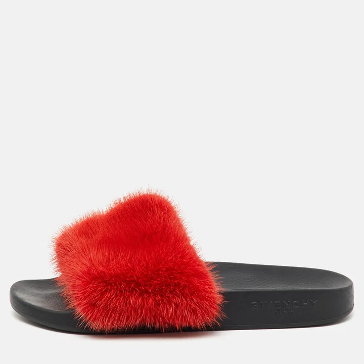 Givenchy Red Mink Fur Flat Slide Sandals Size 38