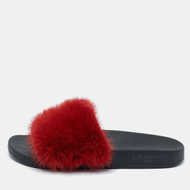 Givenchy Red Mink Fur Flat Slides Size 39