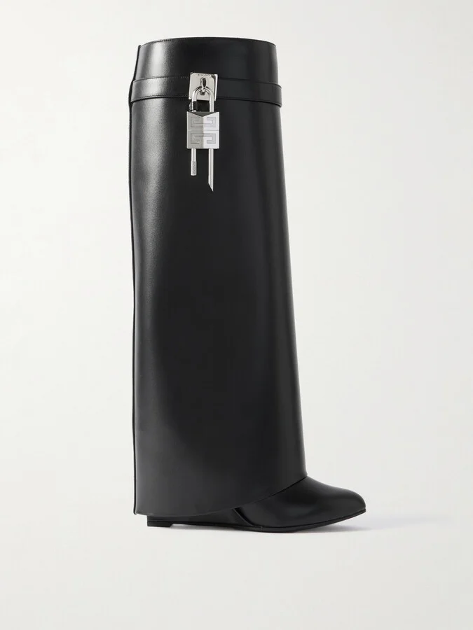 Givenchy - Shark Lock Embellished Glossed-leather Knee Boots - Black