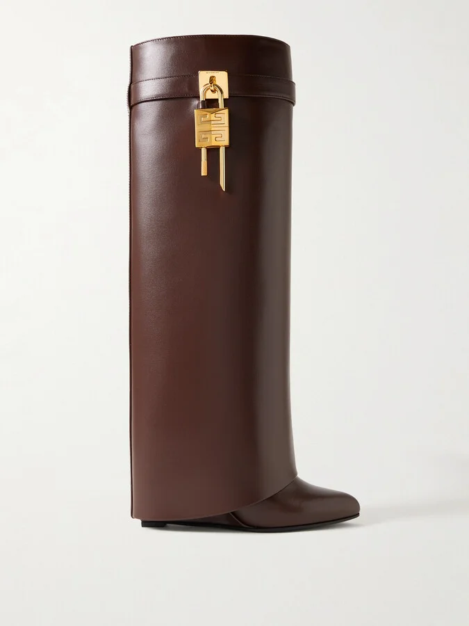Givenchy - Shark Lock Embellished Glossed-leather Knee Boots - Brown