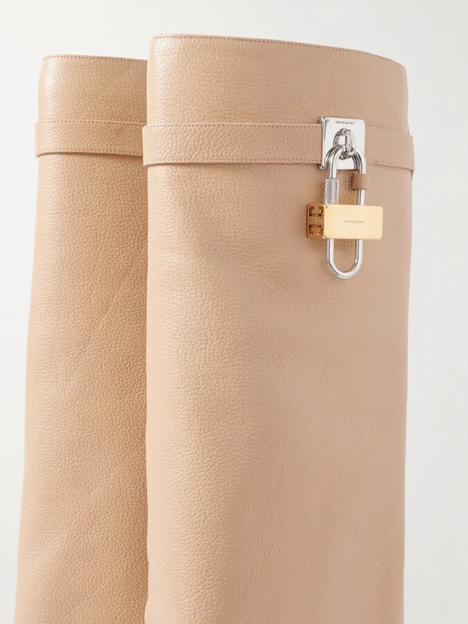 Givenchy - Shark Lock Embellished Textured-leather Knee Boots - Neutrals - Image 4