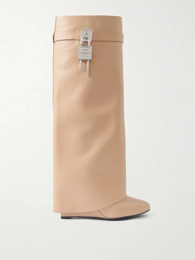 Givenchy - Shark Lock Embellished Textured-leather Knee Boots - Neutrals