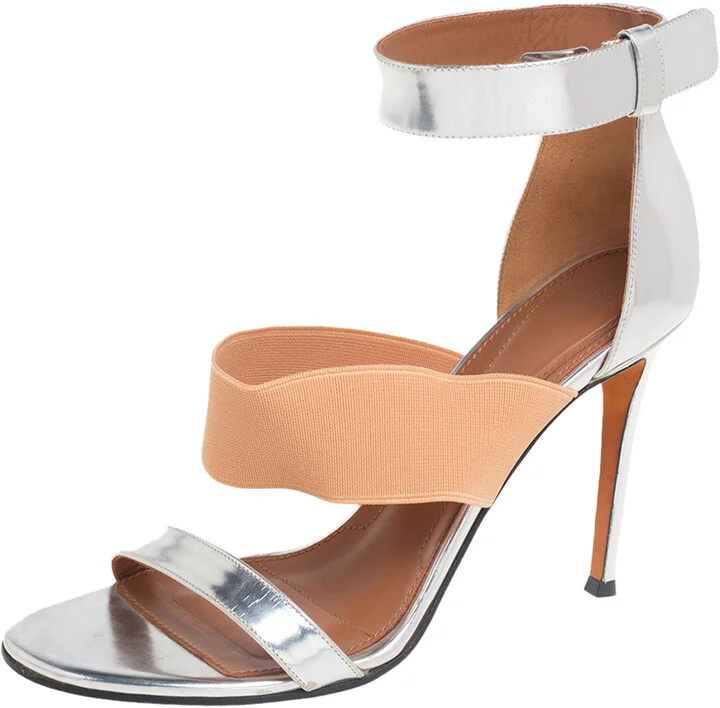 Givenchy Silver Foil Leather And Fabric Ankle Cuff Sandals Size 39
