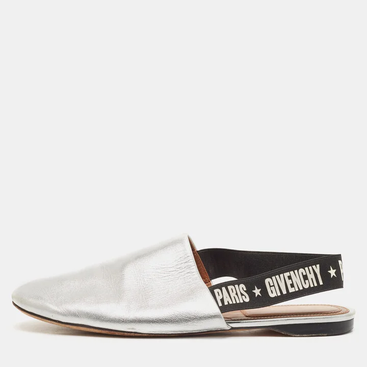 Givenchy Sliver Leather Rivington Logo Slingback Flat Mules Size 38