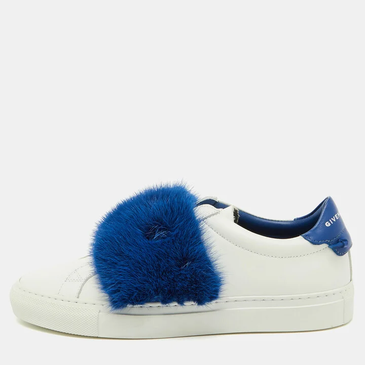 Givenchy White/Blue Leather and Mink Fur Urban Street Slip On Sneakers Size 37