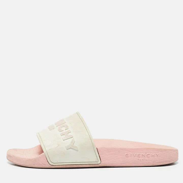 Givenchy White/Pink Rubber Embossed Logo Slides Size 38