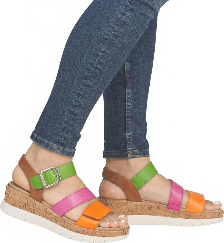 Gizela Tri-Color Leather Wedge Sandal In Orange Pink Green