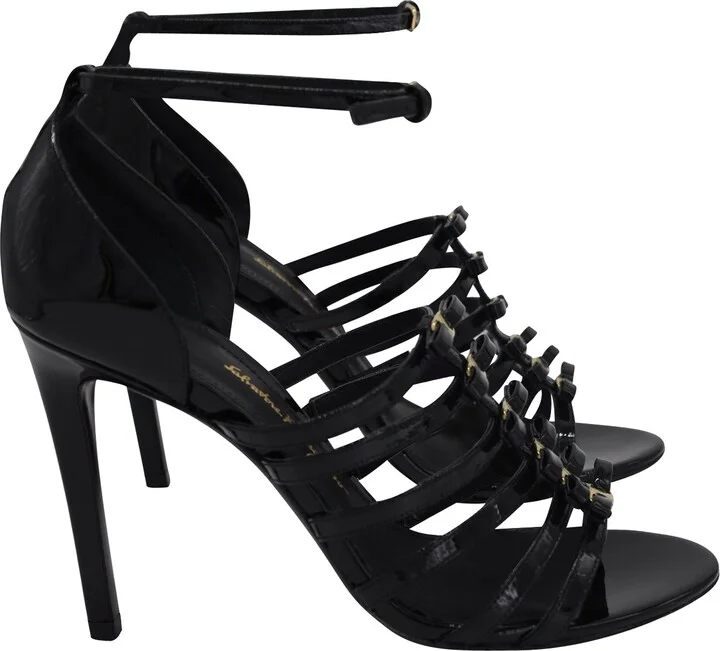 Gladiator Strappy High Heeled Sandals in Black Patent Leather
