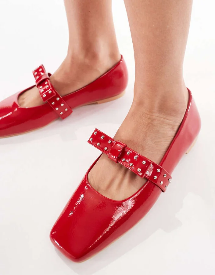 Glamorous ballet flats with bow details in red - Image 3