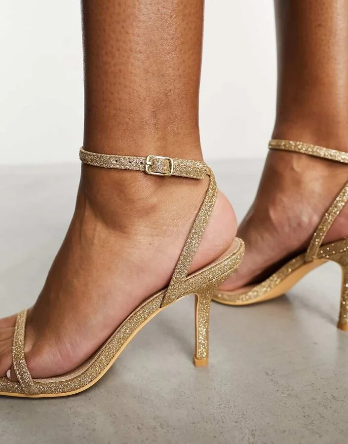 Glamorous barely there heeled sandals in gold glitter - Image 3