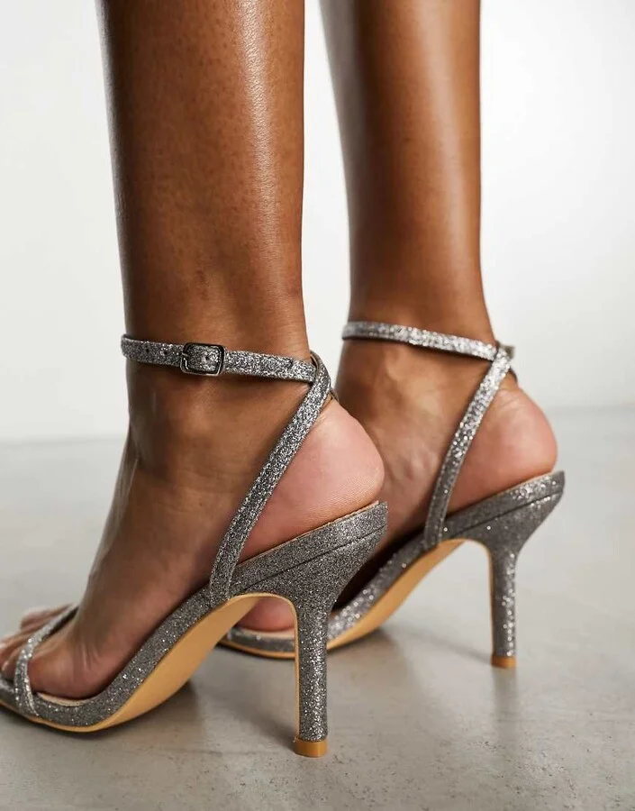 Glamorous barely there heeled sandals in silver glitter - Image 4