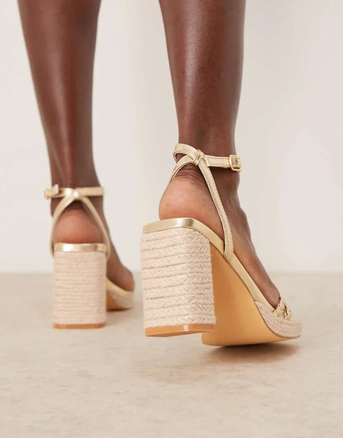 Glamorous braided espadrille heeled sandals in gold - Image 4