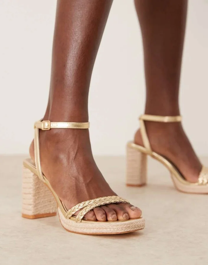 Glamorous braided espadrille heeled sandals in gold