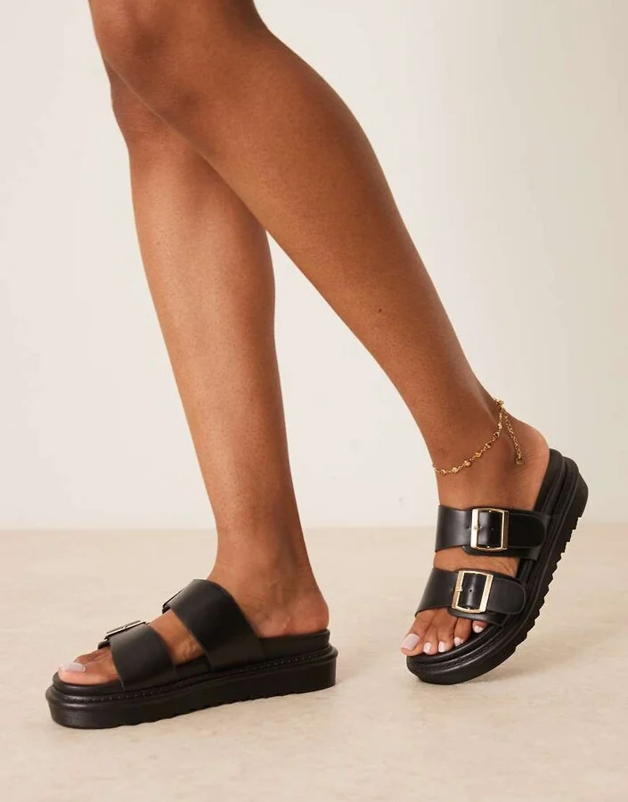 Glamorous double strap footbed sandals in black - Image 3