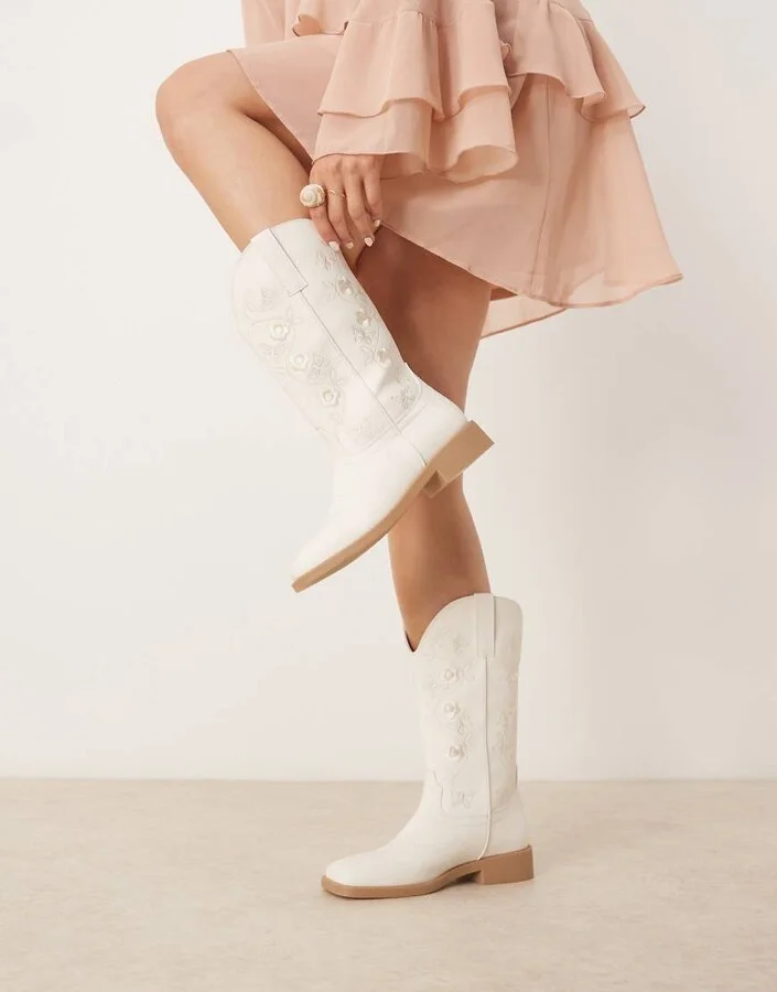 Glamorous embroidered western knee boots in cream