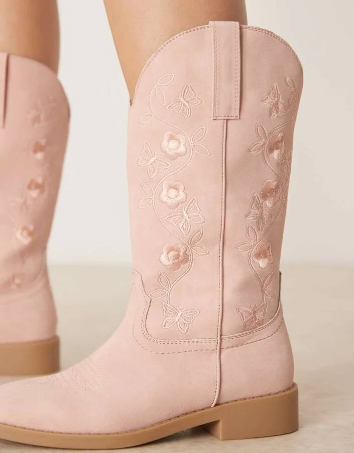 Glamorous embroidered western knee boots in pink - Image 3