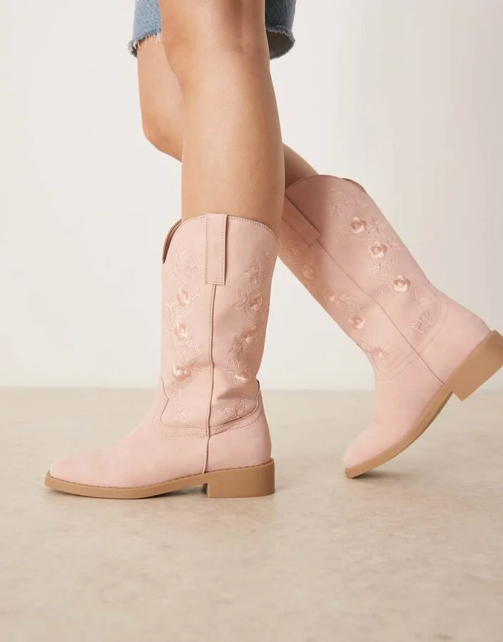 Glamorous embroidered western knee boots in pink