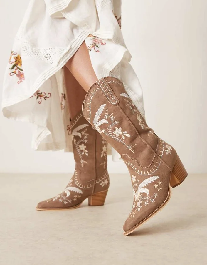 Glamorous embroidered western knee boots in tan