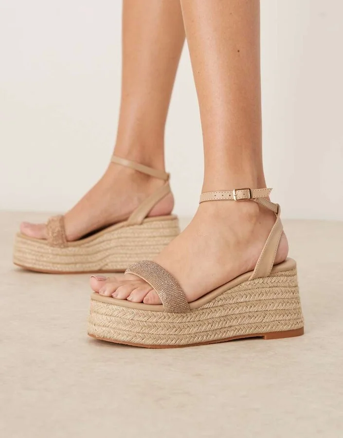 Glamorous espadrilles platform heeled sandals in gold diamante