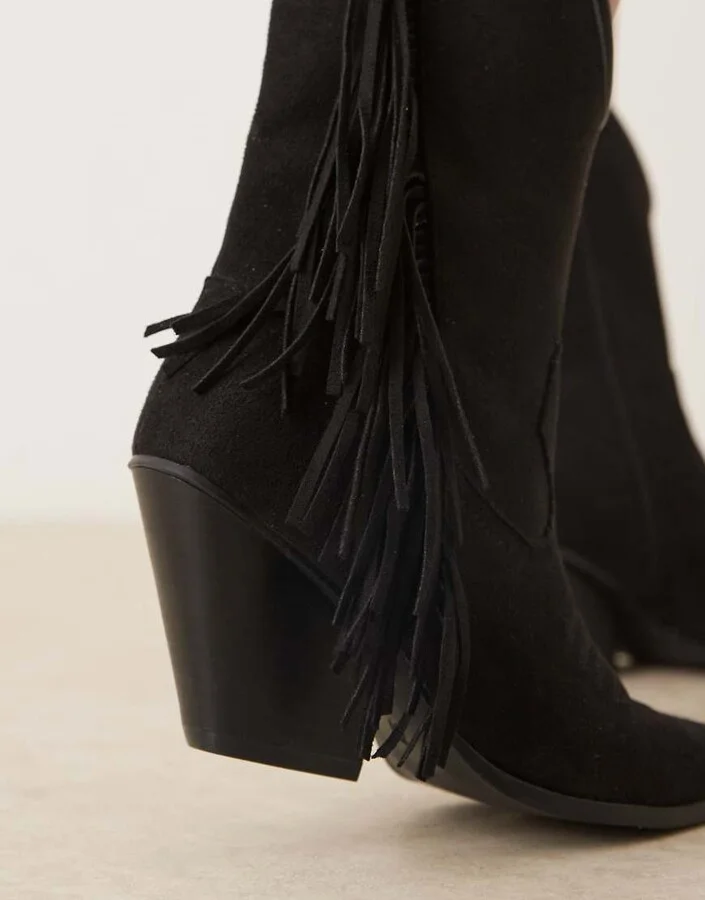Glamorous fringe western knee boots in black - Image 3