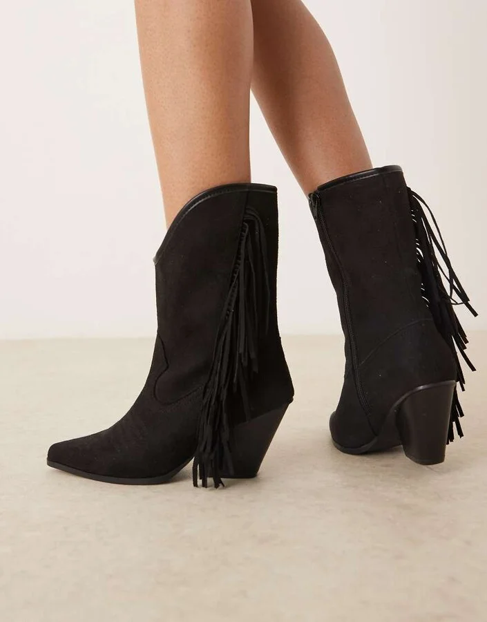 Glamorous fringe western knee boots in black
