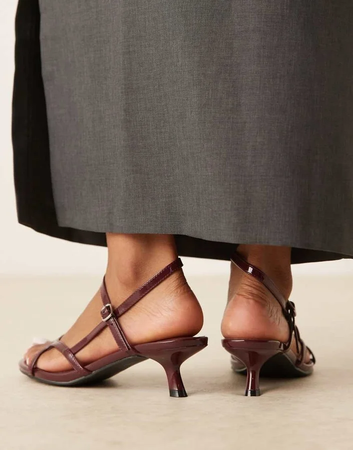 Glamorous kitten heel strappy sandals in burgundy patent - Image 3
