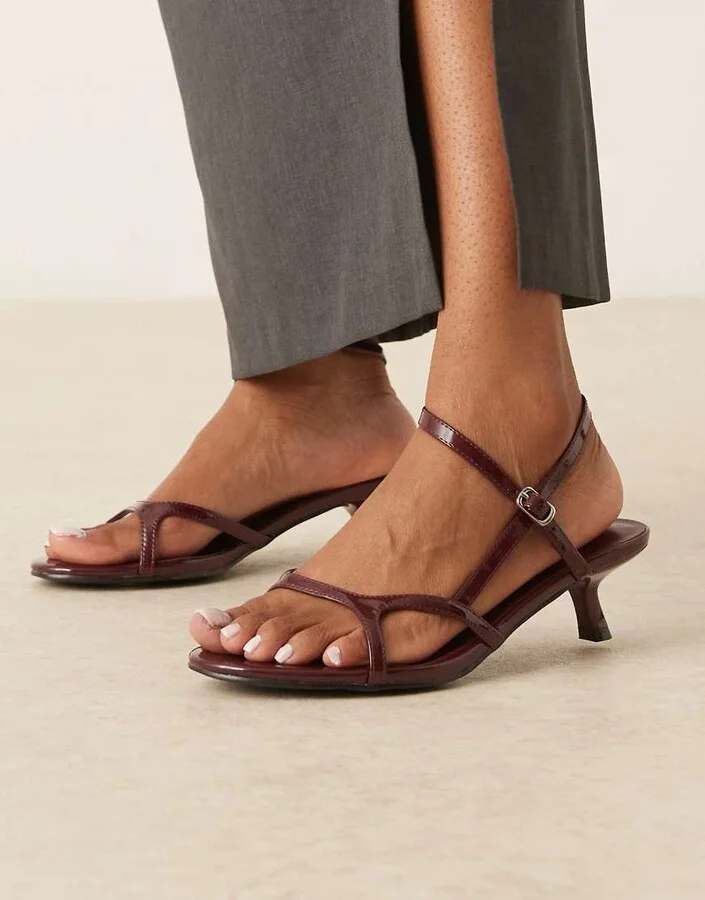 Glamorous kitten heel strappy sandals in burgundy patent