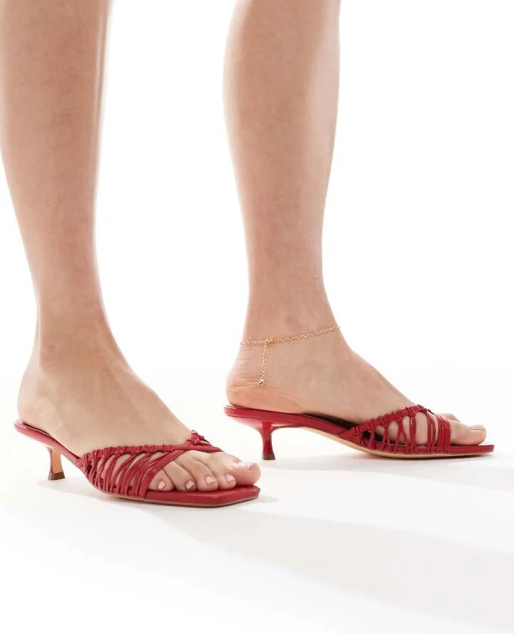 Glamorous kitten heeled woven sandals in red