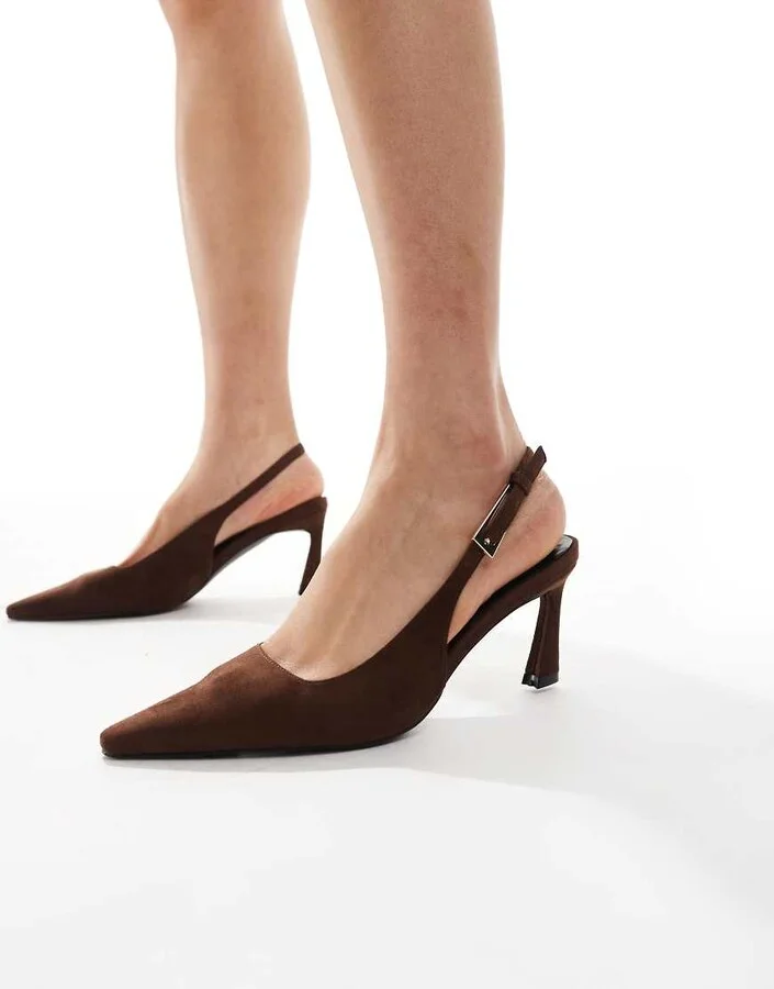 Glamorous pointed slingback heeled pumps in brown micro - Image 2