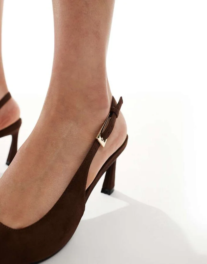Glamorous pointed slingback heeled pumps in brown micro - Image 4