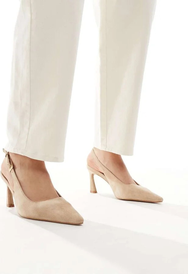 Glamorous pointed slingback heeled pumps in cream micro