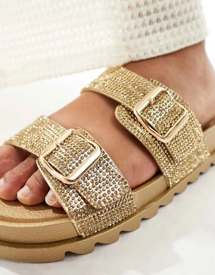 Glamorous rhinestone double strap slides in gold - Image 2