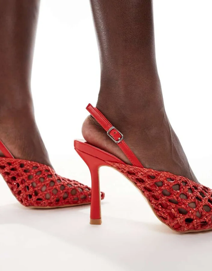 Glamorous slingback heeled shoes in red woven - Image 3