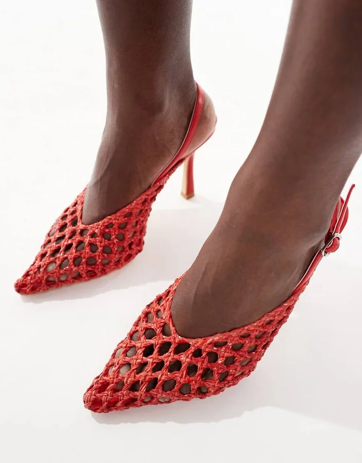 Glamorous slingback heeled shoes in red woven - Image 4